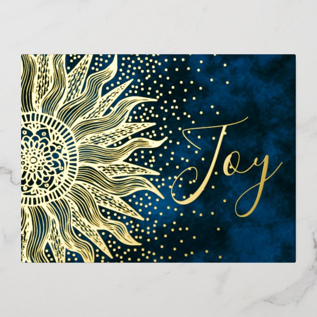 Postal Festiva Con Relieve Metalizado Elegante Blue Joy Boho Sun Mandala Navidades Gold (Anverso)