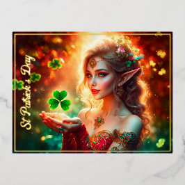 Postal Festiva Con Relieve Metalizado Elegante chica elfo San Patricio