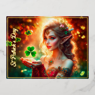 Postal Festiva Con Relieve Metalizado Elegante chica elfo San Patricio