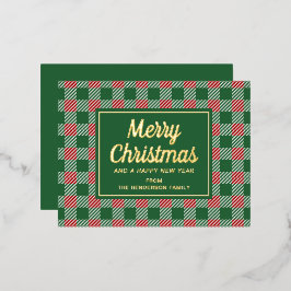 Postal Festiva Con Relieve Metalizado Elegante Clásico Verde Cuadros Navidad Oro
