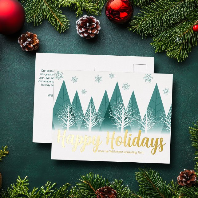Postal Festiva Con Relieve Metalizado Elegante Felices Fiestas Verdes Árboles Personaliz (Subido por el creador)