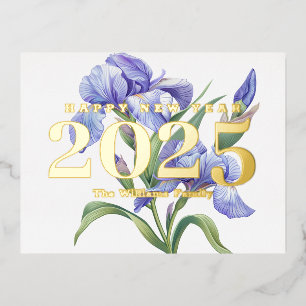 Postal Festiva Con Relieve Metalizado Elegante Flor de Iris Feliz Año Nuevo 2027 Dorado