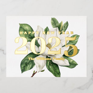 Postal Festiva Con Relieve Metalizado Elegante Flor de Magnolia Feliz Año Nuevo 2027 Dor