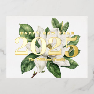 Postal Festiva Con Relieve Metalizado Elegante flor de Magnolia Feliz Oro de Año Nuevo 2