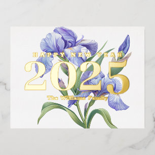 Postal Festiva Con Relieve Metalizado Elegante Flor Iris Feliz Oro Año Nuevo 2025
