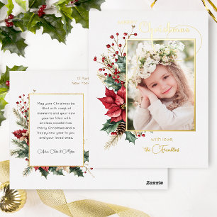 Postal Festiva Con Relieve Metalizado Elegante Floral de Invierno Dorado Feliz Navidad 1