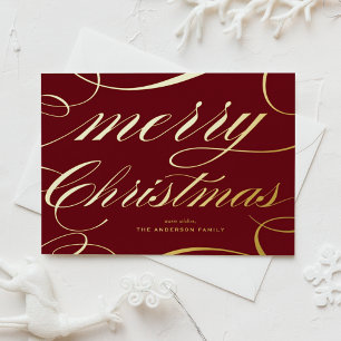 Postal Festiva Con Relieve Metalizado Elegante Flores Script Burgundy Feliz Navidad