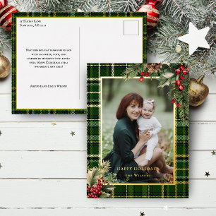 Postal Festiva Con Relieve Metalizado Elegante foto de Navidades de Green/Gold Plaid Hol