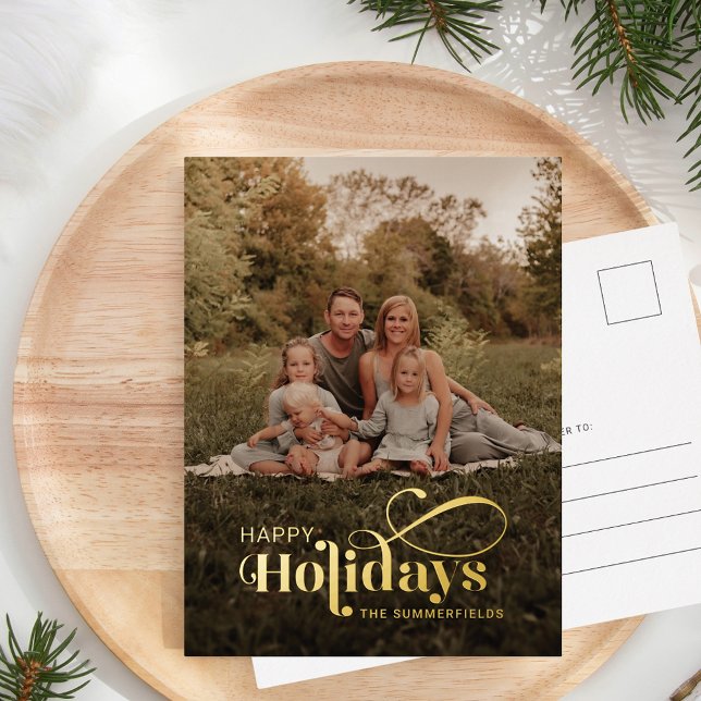 Postal Festiva Con Relieve Metalizado Elegante foto familiar moderna de Navidad en oro (Happy Holidays Christmas Family Photo Elegant Greetings Gold Foil Postcard)