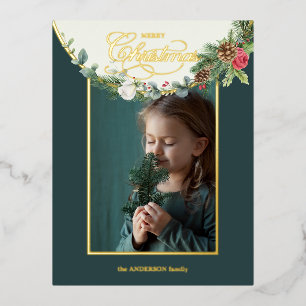 Postal Festiva Con Relieve Metalizado Elegante foto floral de caligrafía navideña