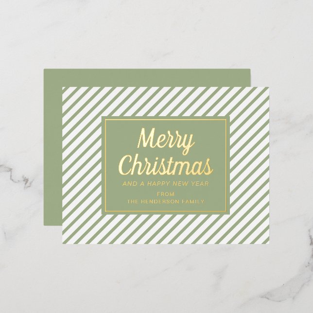 Postal Festiva Con Relieve Metalizado Elegante guión de rayas verdes Feliz oro navideño (Anverso/Reverso)