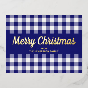 Postal Festiva Con Relieve Metalizado Elegante guión dorado azul Gingham Feliz Navidad