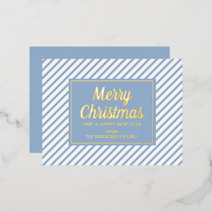 Postal Festiva Con Relieve Metalizado Elegante guión dorado rayas azules Feliz Navidad