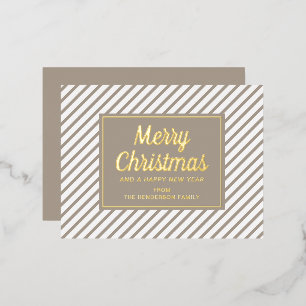 Postal Festiva Con Relieve Metalizado Elegante guión dorado Taupe rayas Feliz Navidad