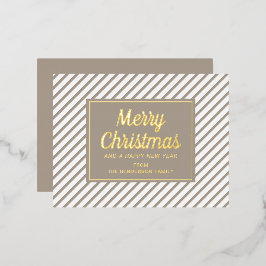 Postal Festiva Con Relieve Metalizado Elegante guión dorado Taupe Stripes Feliz Navidad