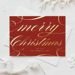 Postal Festiva Con Relieve Metalizado Elegante guión florece la navidad de los moras roj<br><div class="desc">Feliz Navidad! Envíe sus saludos de vacaciones a la familia y amigos con esta postal de Navidades de personalizable. Presenta un guión elegante con acentos florecientes sobre un fondo rojo. Personalice agregando sus detalles. Esta tarjeta de Navidades de Relieve metalizado dorado está disponible en otros colores y material de cartón,...</div>