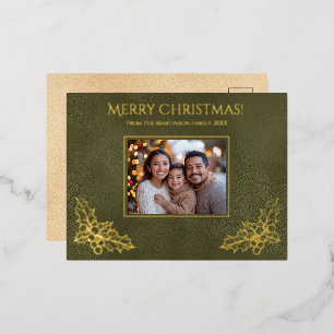 Postal Festiva Con Relieve Metalizado Elegante Holly Fotografía de la familia Green Faux