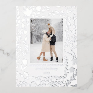 Postal Festiva Con Relieve Metalizado Elegante invierno moderno Botánico Photo-Silver