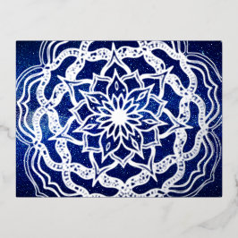 Postal Festiva Con Relieve Metalizado Elegante Marina de Lujo Plata Azul Mandala Reiki Y