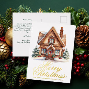 Postal Festiva Con Relieve Metalizado Elegante Merry Christmas House Personalizado Compa