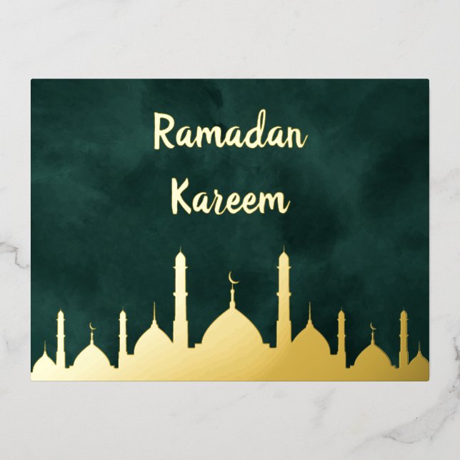 Postal Festiva Con Relieve Metalizado Elegante Mezquita de Oro Verde Ramadán Kareem Islá (Anverso)