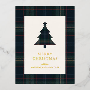 Postal Festiva Con Relieve Metalizado Elegante Navidad azul marino y verde a cuadros