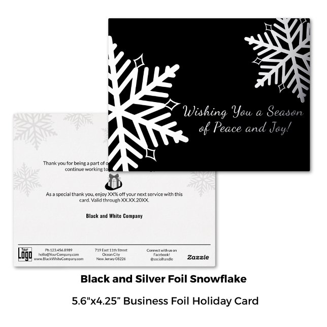 Postal Festiva Con Relieve Metalizado Elegante Negro Plateado Copo de Nieve de Invierno  (5.6"x4.25", Elegant Black Silver Winter Snowflake Business Foil Holiday Postcard)