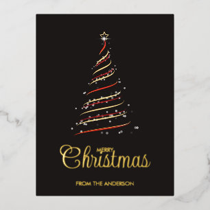 Postal Festiva Con Relieve Metalizado Elegante Oro de Árbol de Navidad Rojo y Oro