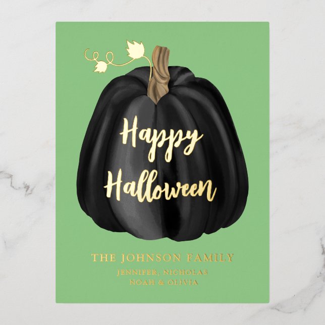 Postal Festiva Con Relieve Metalizado Elegante Oro de Halloween de Calabaza Negra (Anverso)