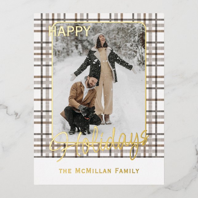 Postal Festiva Con Relieve Metalizado Elegante Patrón de Cuadros Rústico con Dorado (Anverso)