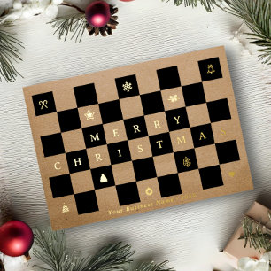 Postal Festiva Con Relieve Metalizado Elegante Rústico Alegre Navidad Ajedrezado