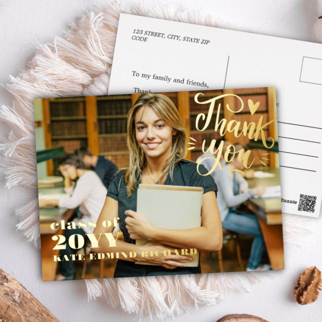 Postal Festiva Con Relieve Metalizado Elegante Script Heart Photo Graduation Gracias (Subido por el creador)