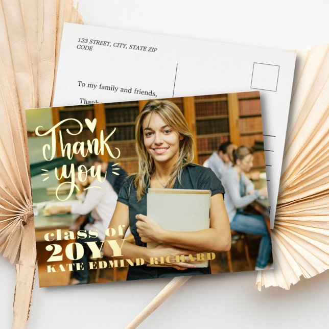 Postal Festiva Con Relieve Metalizado Elegante Script Heart Photo Graduation Gracias (Subido por el creador)