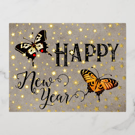 Postal Festiva Con Relieve Metalizado Elegante tipografía mariposa Stars Rustic New Year