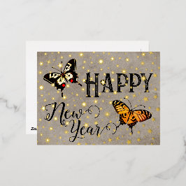 Postal Festiva Con Relieve Metalizado Elegante tipografía mariposa Stars Rustic New Year
