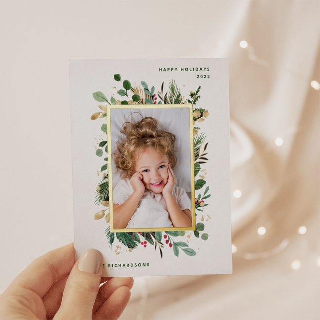 Postal Festiva Con Relieve Metalizado Elegante vegetación dorada | Blanco con foto (Subido por el creador)