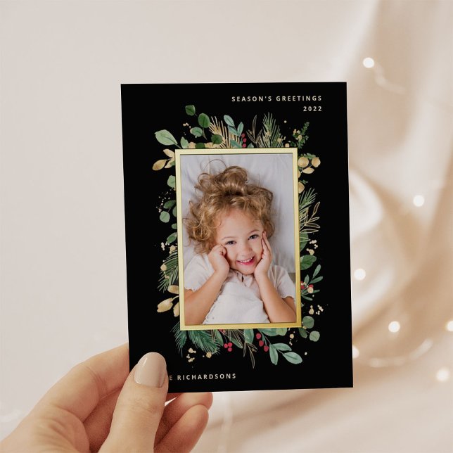 Postal Festiva Con Relieve Metalizado Elegante vegetación dorada | Negro con foto (Subido por el creador)