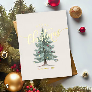Postal Festiva Con Relieve Metalizado Elegante Vintage Feliz Navidad Escritura Árbol Rús