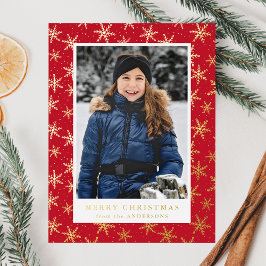 Postal Festiva Con Relieve Metalizado Elegantes copos de nieve foto rojo y oro