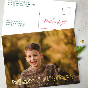 Postal Festiva Con Relieve Metalizado Elegantes LÍNEAS DE ORO Feliz Navidad Foto Familia