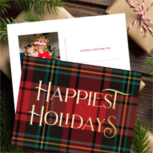 Postal Festiva Con Relieve Metalizado Elegantes Navidades de Tartán Rojo Foto Oro