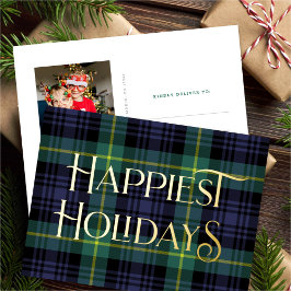 Postal Festiva Con Relieve Metalizado Elegantes Navidades de Tartán Verde Azul Foto Plat