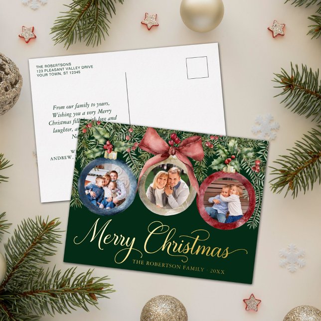 Postal Festiva Con Relieve Metalizado Elegantes Navidades Familia Fotos Ornamentos Verde (Subido por el creador)