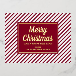 Postal Festiva Con Relieve Metalizado Elegantes rayas rojas Feliz Oro de Navidad