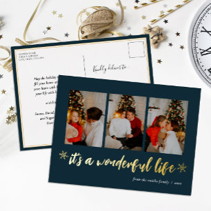 Postal Festiva Con Relieve Metalizado Es una maravillosa vida Navidades de oro azul foto