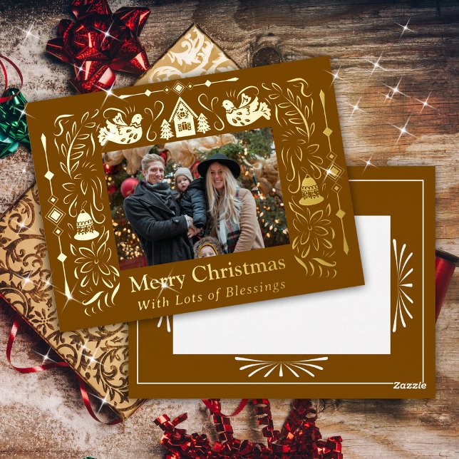 Postal Festiva Con Relieve Metalizado Escandinavia Folktale Navidades Foto Brown (Scandinavia styled Christmas Photo Greeting Cards.)