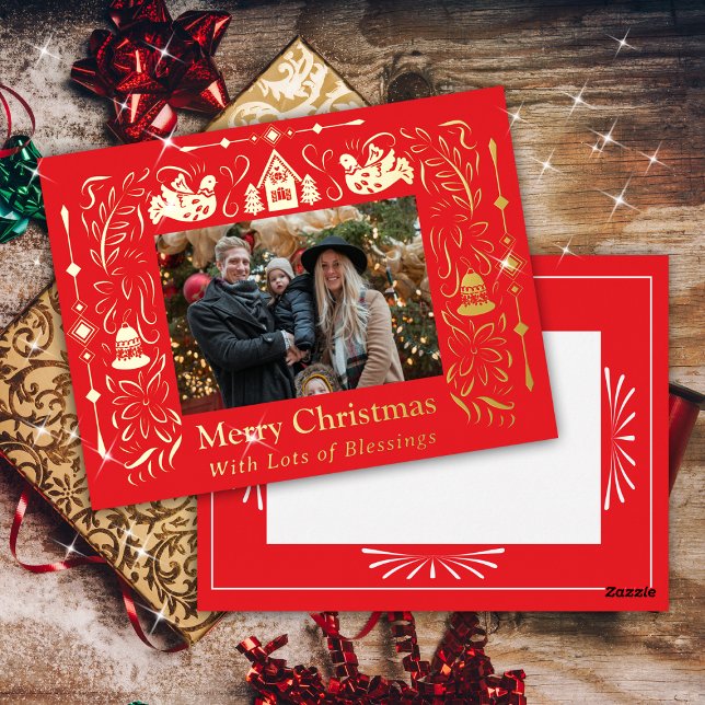 Postal Festiva Con Relieve Metalizado Escandinavia Folktale Navidades Foto Roja (Scandinavia styled Christmas Photo Greeting Cards.)