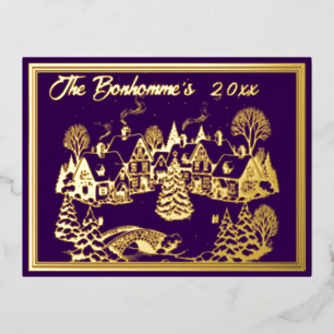 Postal Festiva Con Relieve Metalizado Escena de navidades en oro con morado