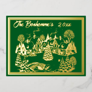 Postal Festiva Con Relieve Metalizado Escena de navidades en oro con verde