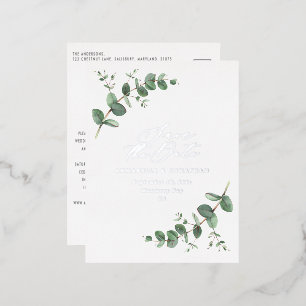 Postal Festiva Con Relieve Metalizado Eucalyptus elegante boda moderna salva la fecha po